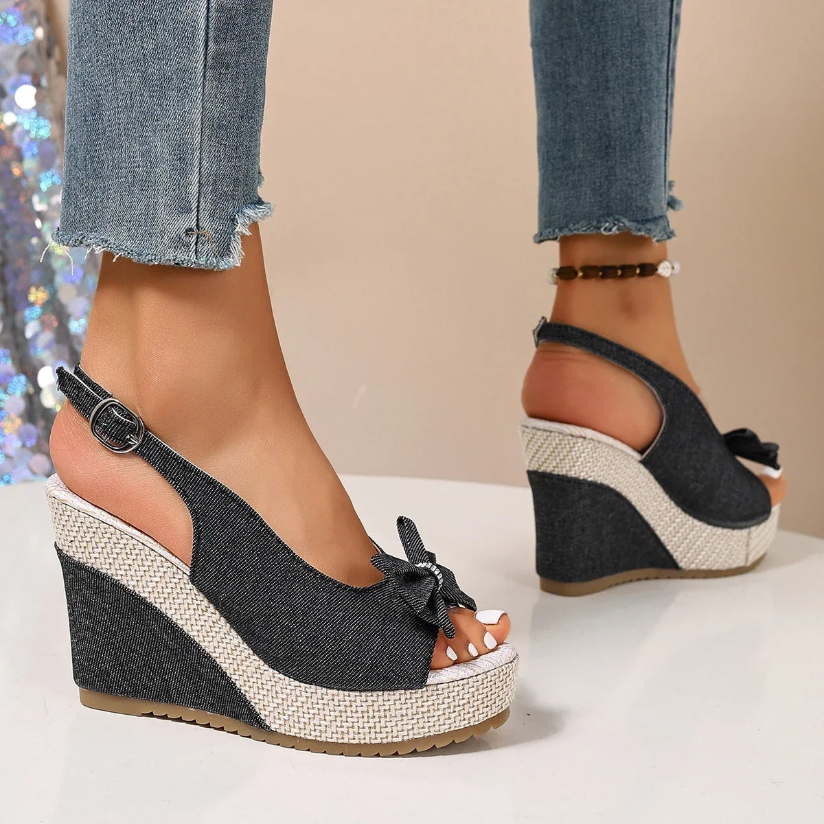 Anna | Keilsandalen in Denim-Optik