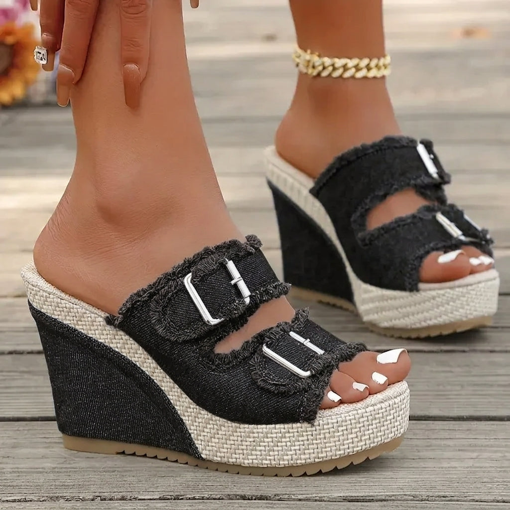 Elara | Keilsandalen in Denim-Optik